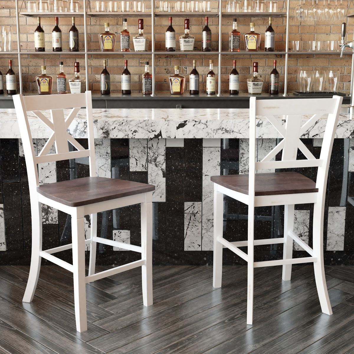 White Wash |#| Commercial Grade Wooden Counter Height Stool in Antique White Wash, Set of 2