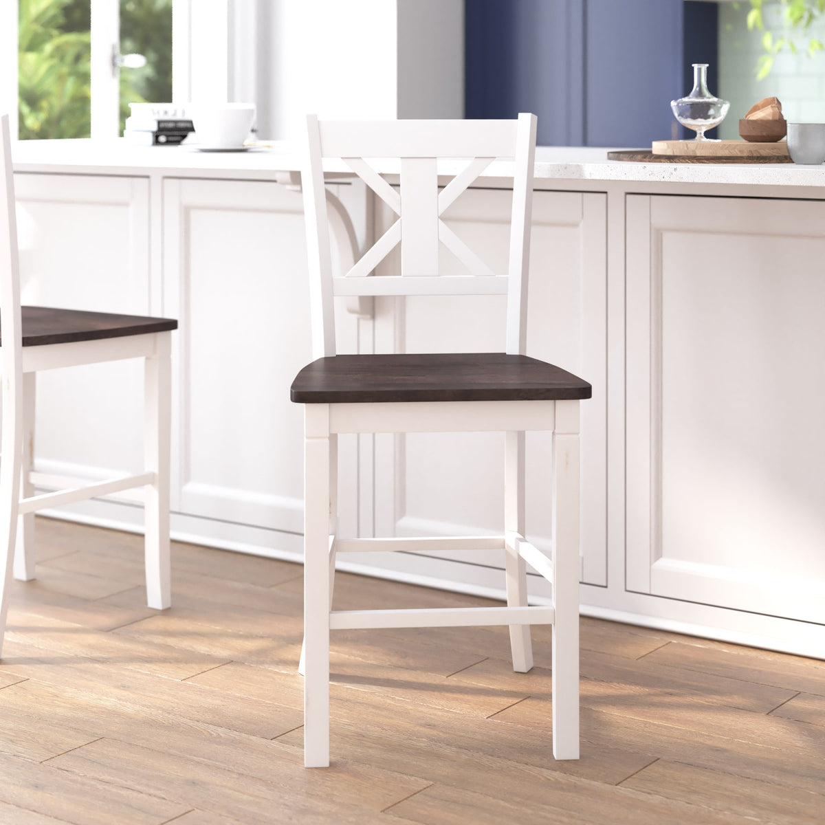 White Wash |#| Commercial Grade Wooden Counter Height Stool in Antique White Wash, Set of 2
