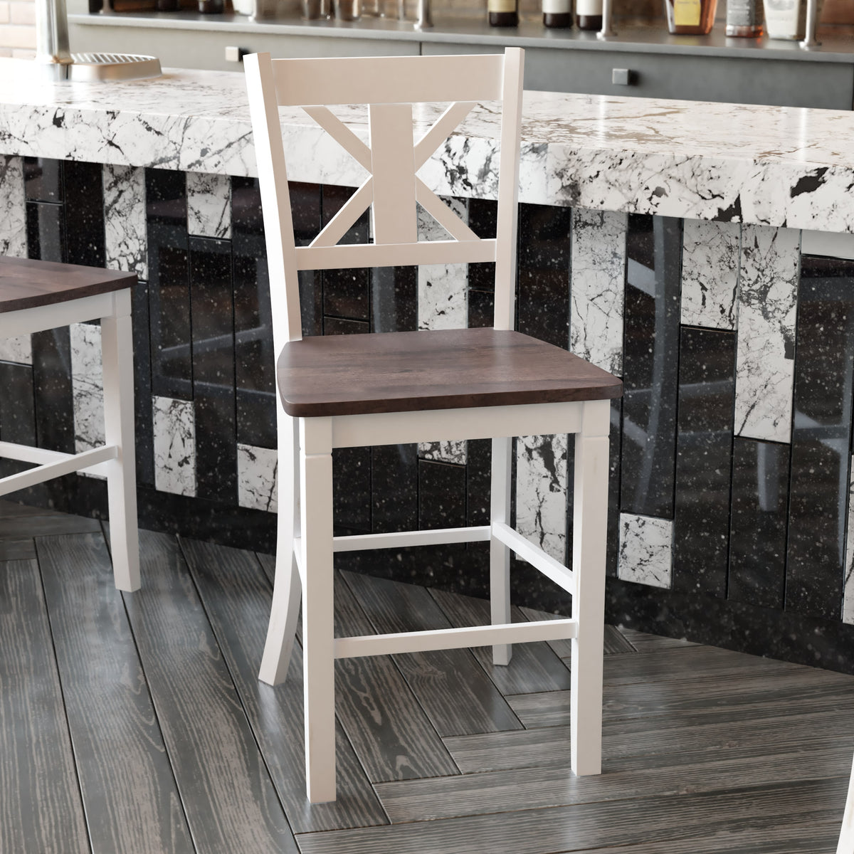 White Wash |#| Commercial Grade Wooden Counter Height Stool in Antique White Wash, Set of 2