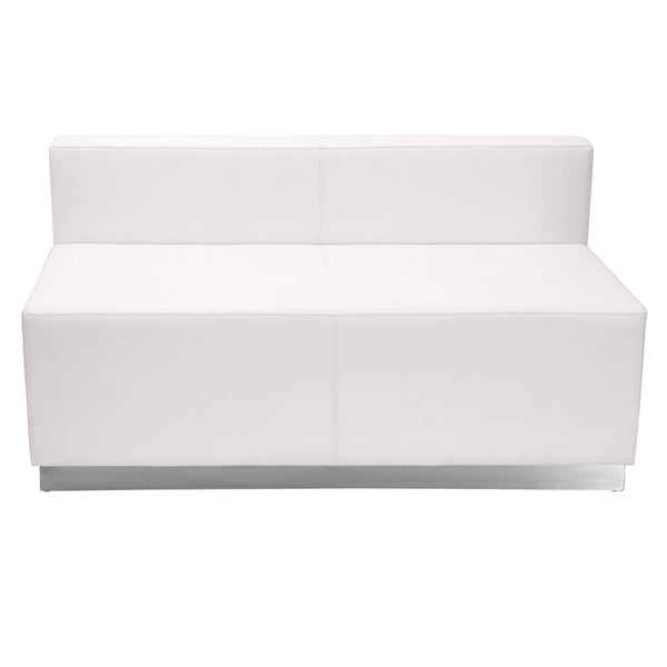 Melrose White |#| White LeatherSoft Loveseat with Stainless Steel Base - Reception Furniture