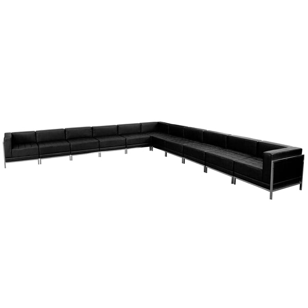 Black |#| 11 PC Black LeatherSoft Modular Sectional Configuration - Stainless Steel Legs