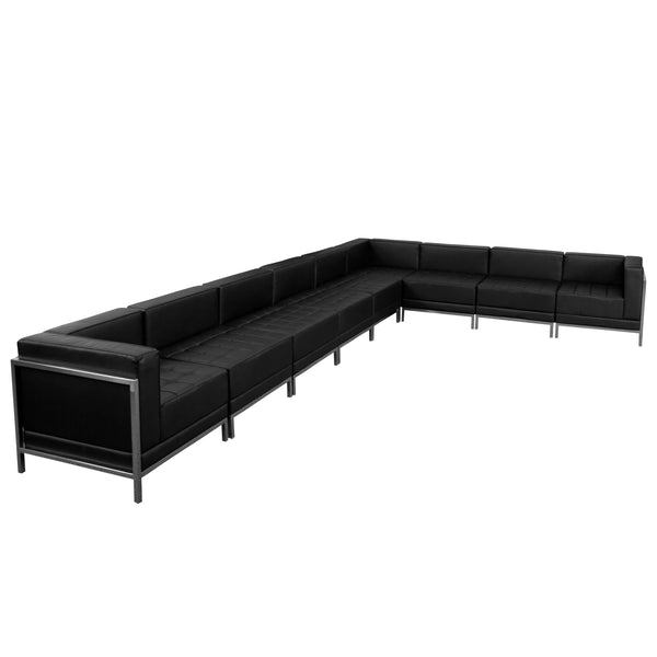 Black |#| 9 Piece Black LeatherSoft Modular Sectional Configuration - Stainless Steel Legs