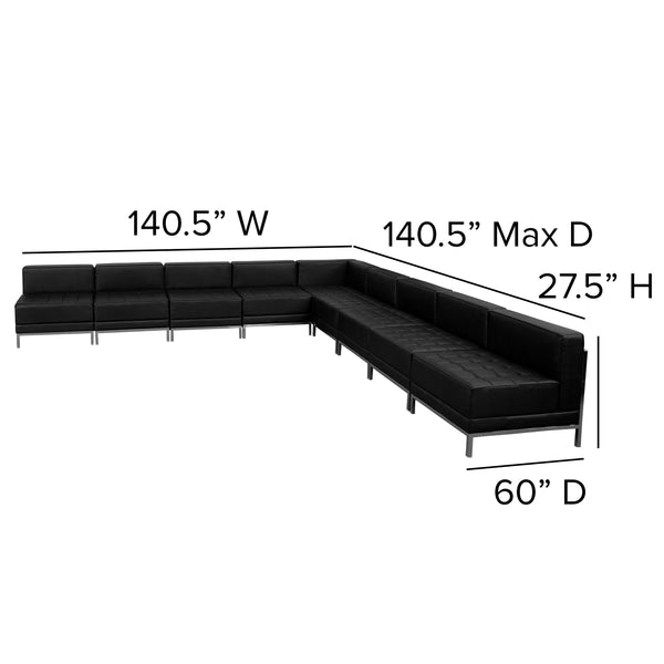 Black |#| 9 Piece Black LeatherSoft Modular Sectional Configuration - Stainless Steel Legs