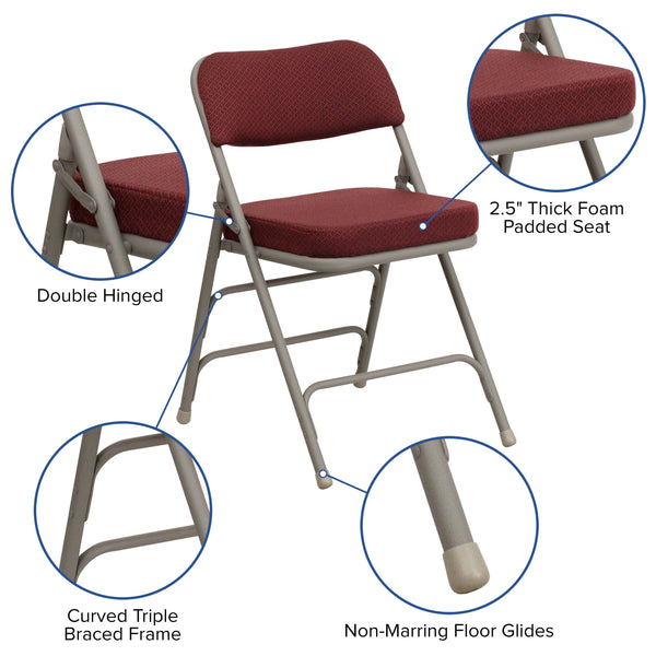 Burgundy Fabric/Gray Frame |#| 18.5inchW Premium Curved Triple Braced Burgundy Fabric Metal Folding Chair