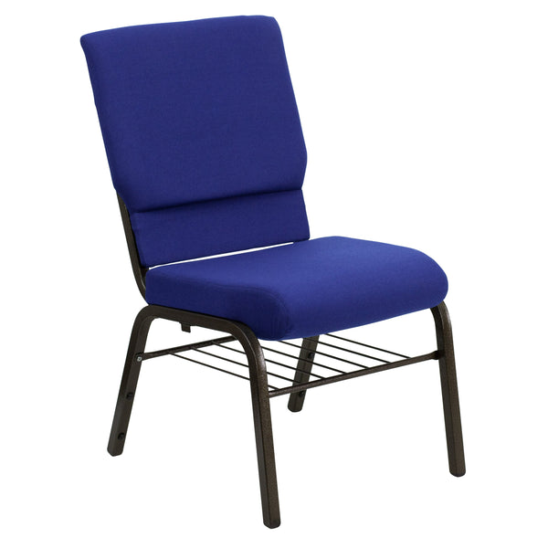 Navy Blue Fabric/Gold Vein Frame |#| 18.5inchW Church Chair in Navy Blue Fabric with Book Rack - Gold Vein Frame