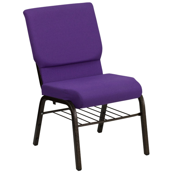 Purple Fabric/Gold Vein Frame |#| 18.5inchW Church Chair in Purple Fabric with Book Rack - Gold Vein Frame
