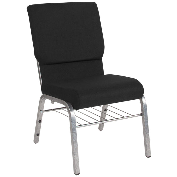 Black Fabric/Silver Vein Frame |#| 18.5inchW Church Chair in Black Fabric with Book Rack - Silver Vein Frame