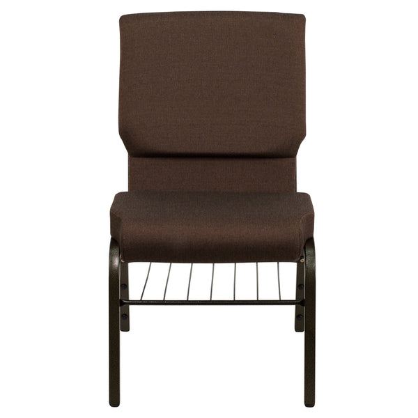 Brown Fabric/Gold Vein Frame |#| 18.5inchW Church Chair in Brown Fabric with Book Rack - Gold Vein Frame