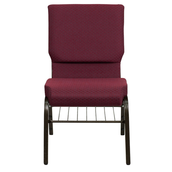 Burgundy Patterned Fabric/Gold Vein Frame |#| 18.5inchW Church Chair in Burgundy Patterned Fabric w/ Book Rack - Gold Vein Frame