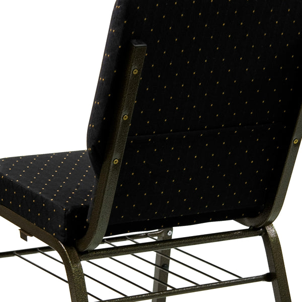 Black Dot Patterned Fabric/Gold Vein Frame |#| 18.5inchW Church Chair in Black Dot Patterned Fabric w/Book Rack - Gold Vein Frame