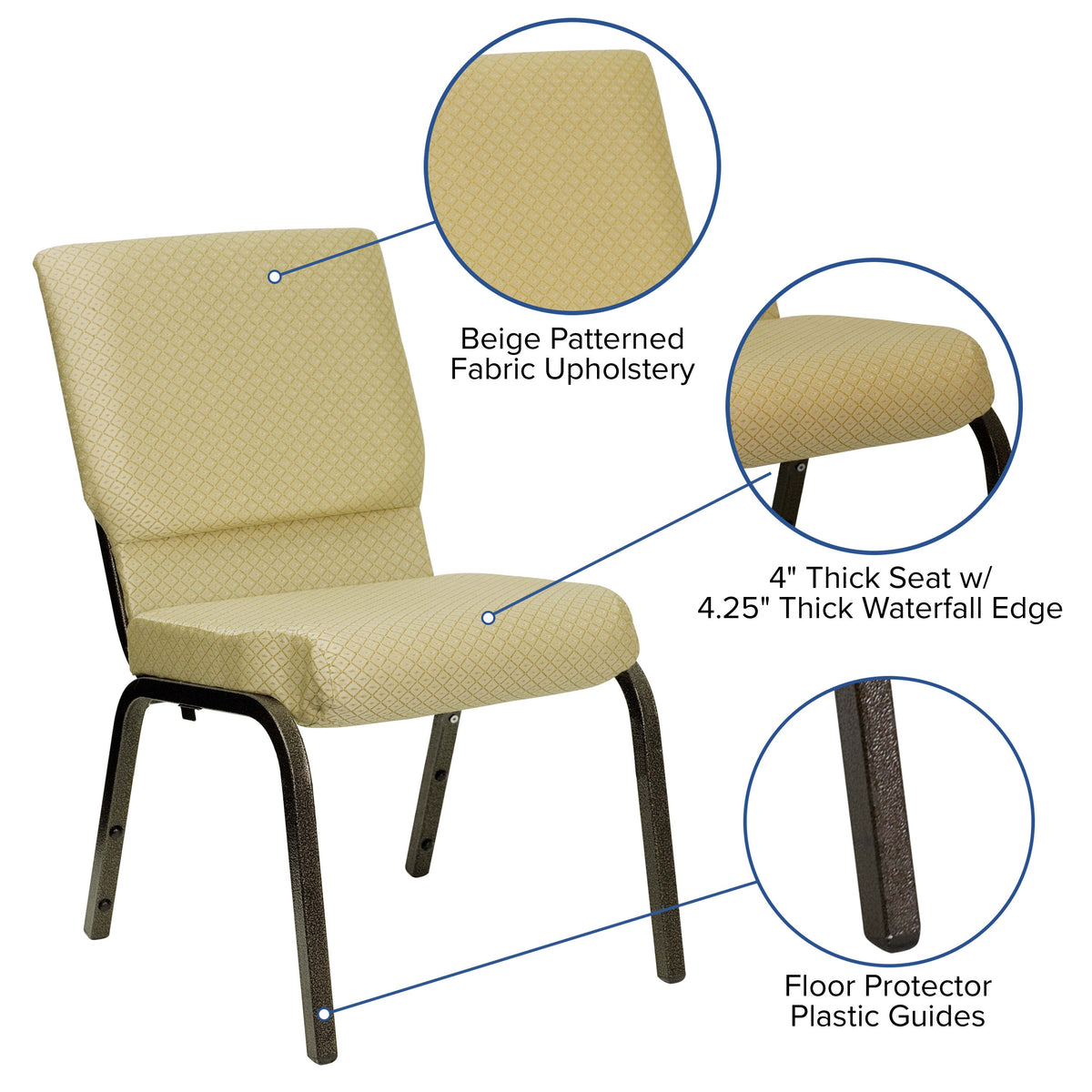 Beige Patterned Fabric/Gold Vein Frame |#| 18.5inchW Stacking Church Chair in Beige Patterned Fabric - Gold Vein Frame