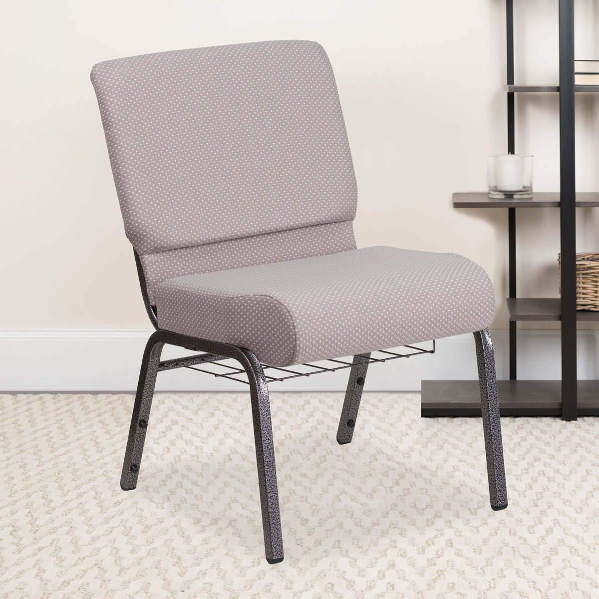 Gray Dot Fabric/Silver Vein Frame |#| 21inchW Church Chair in Gray Dot Fabric with Book Rack - Silver Vein Frame