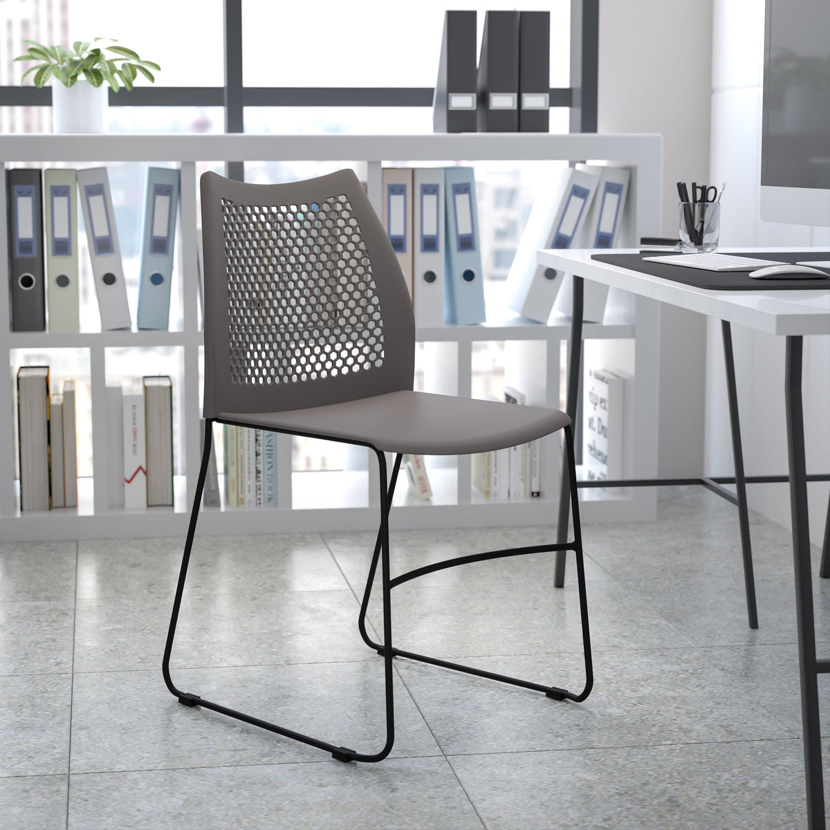 Gray |#| Home and Office Gray Sled Base Stack Chair with Air-Vent Back - Guest Chair