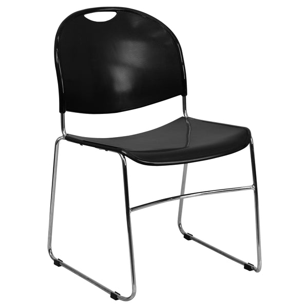 Black Plastic/Chrome Frame |#| 880 lb. Capacity Black Ultra-Compact Stack Chair with Chrome Frame