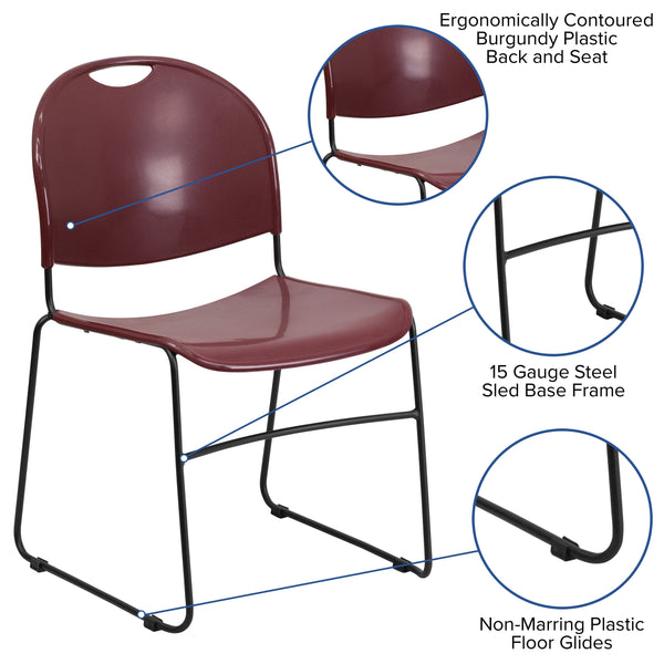 Burgundy Plastic/Black Frame |#| 880 lb. Capacity Burgundy Ultra-Compact Stack Chair with Black Frame