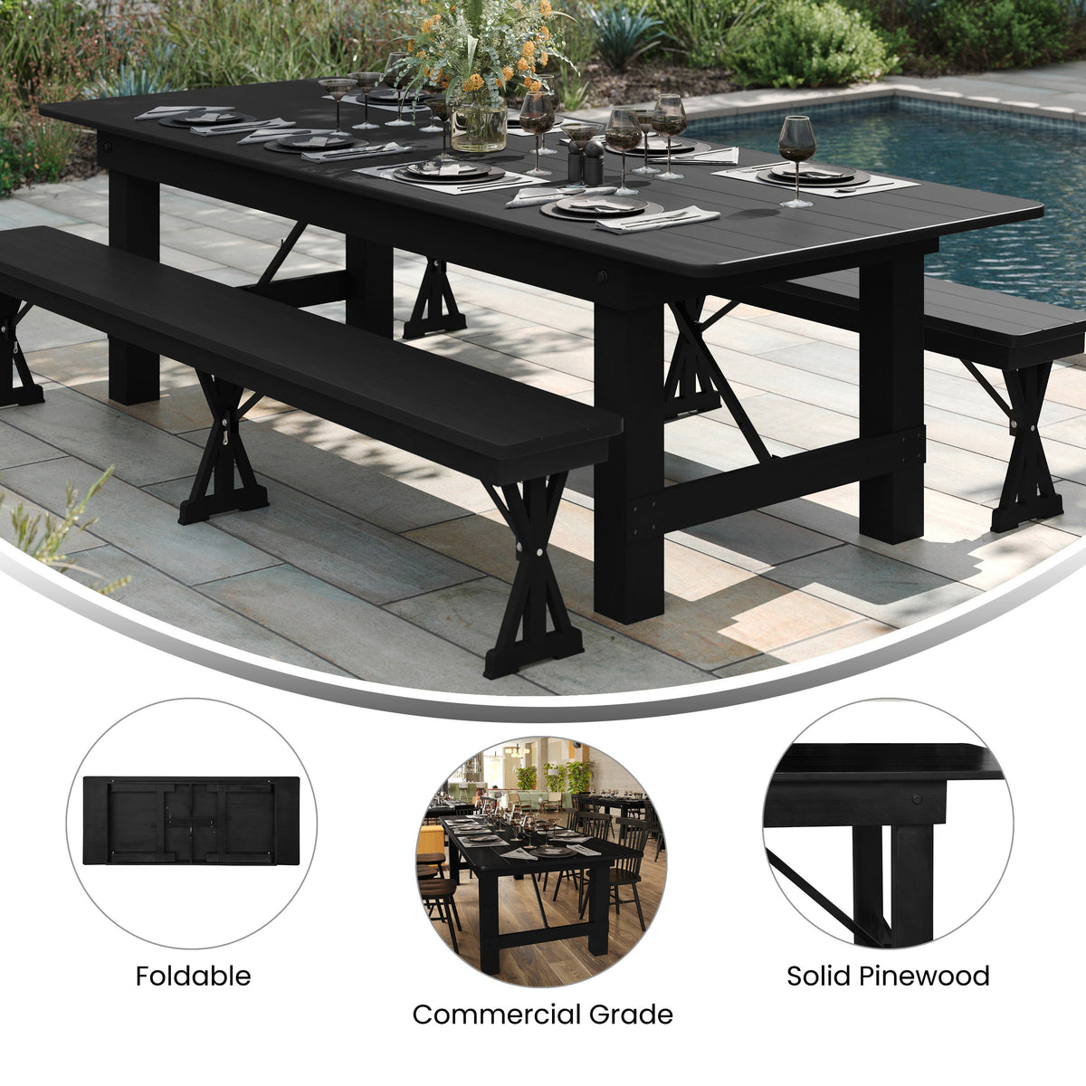 Black Wash |#| 8' x 40" Rectangular Rustic Solid Pine Farmhouse Folding Table in Black Wash