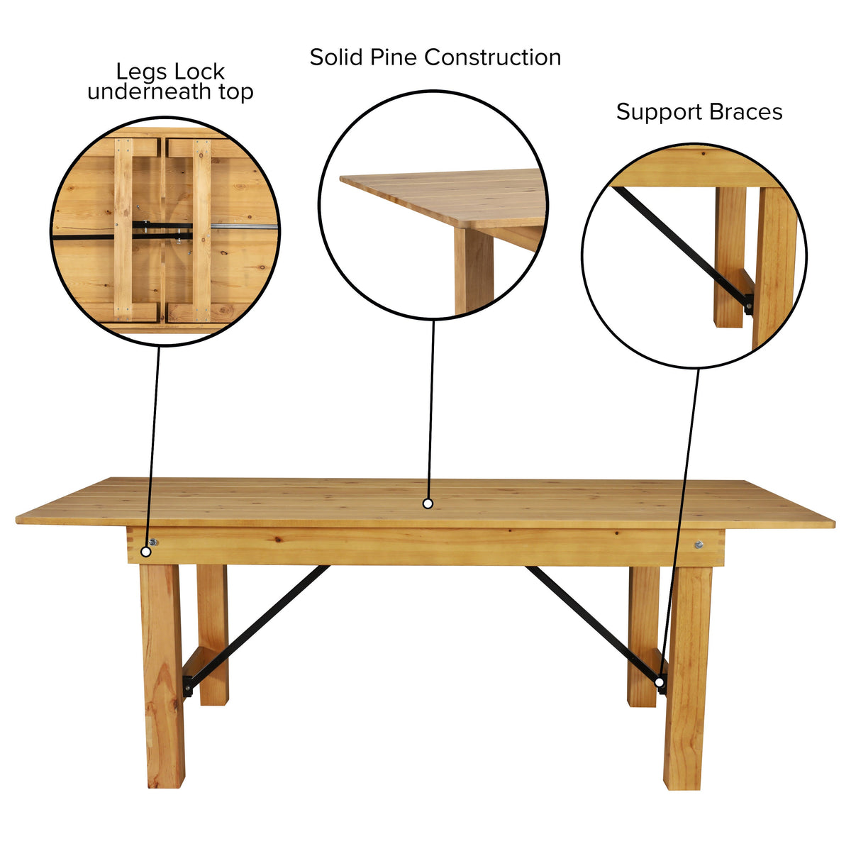 Light Natural |#| 8' x 40" Rectangular Antique Rustic Light Natural Solid Pine Folding Farm Table