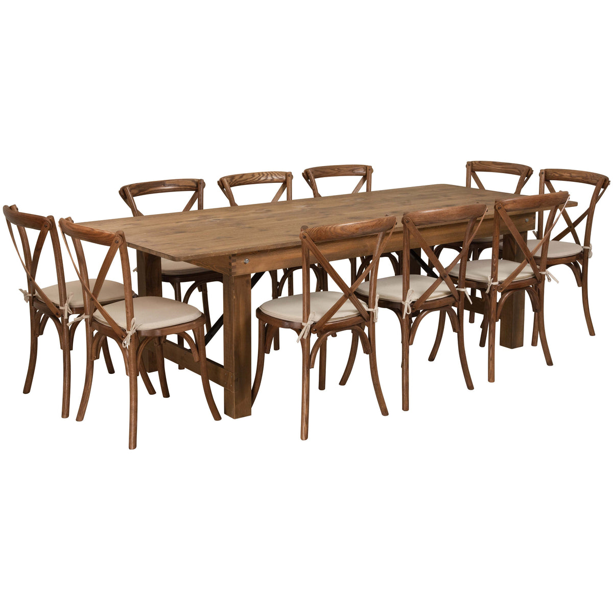 8' x 40inch Rustic Folding Farm Table Set with 10 Cross Back Chairs and Cushions