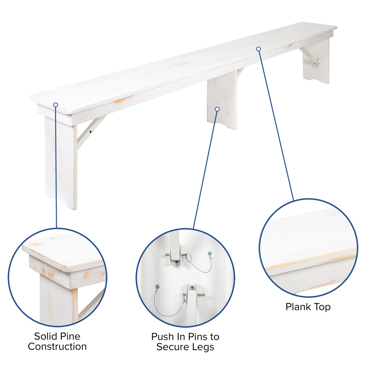 Antique Rustic White |#| 5 Piece Set-8' x 40inch Antique Rustic White Folding Farm Table and Four Bench Set