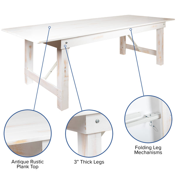 Antique Rustic White |#| 3 Piece Set-9' x 40inch Antique Rustic White Folding Farm Table and Two Bench Set