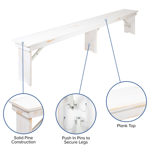 Antique Rustic White |#| 3 Piece Set-9' x 40inch Antique Rustic White Folding Farm Table and Two Bench Set