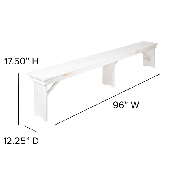 Antique Rustic White |#| 3 Piece Set-9' x 40inch Antique Rustic White Folding Farm Table and Two Bench Set