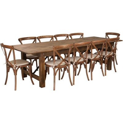 HERCULES Series 9' x 40'' Folding Farm Table Set with 10 Cross Back Chairs and Cushions