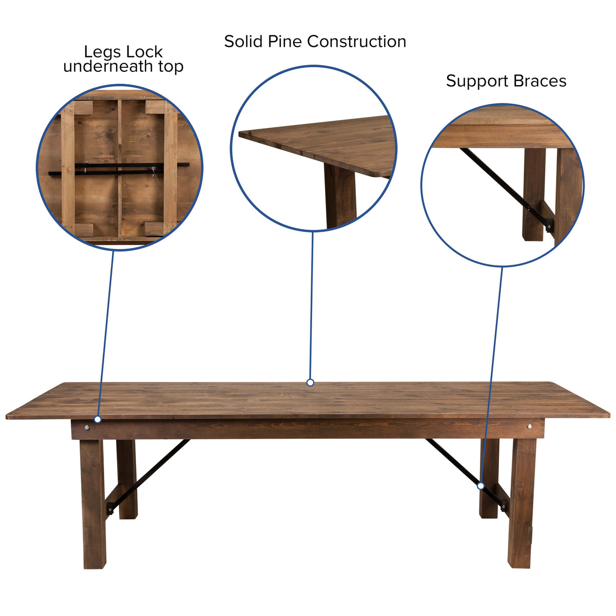 9' x 40inch Rustic Folding Farm Table Set with 12 Cross Back Chairs and Cushions