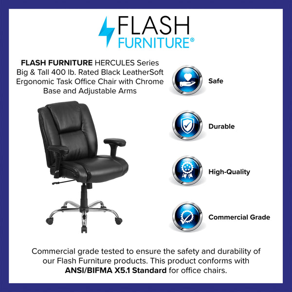 Big & Tall 400 lb. Rated Black LeatherSoft Chair w/Chrome Base & Adjustable Arms