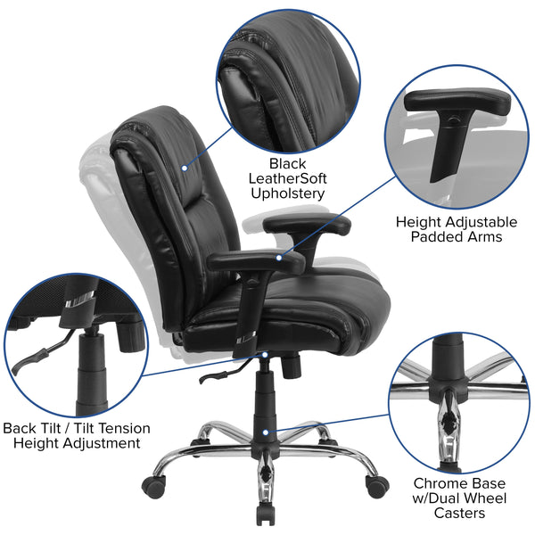 Big & Tall 400 lb. Rated Black LeatherSoft Chair w/Chrome Base & Adjustable Arms