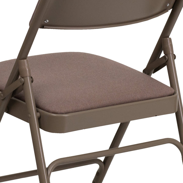 Beige Fabric/Beige Frame |#| Curved Triple Braced & Double Hinged Beige Fabric Metal Folding Chair