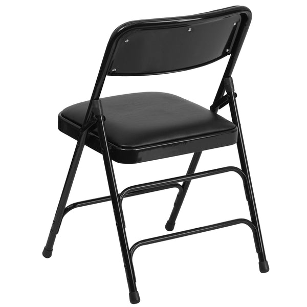 Black Vinyl/Black Frame |#| Curved Triple Braced & Double Hinged Black Vinyl Metal Folding Chair