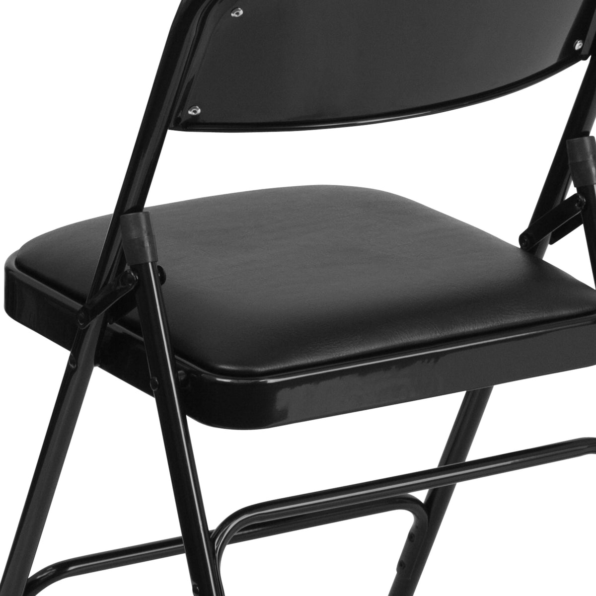 Black Vinyl/Black Frame |#| Curved Triple Braced & Double Hinged Black Vinyl Metal Folding Chair