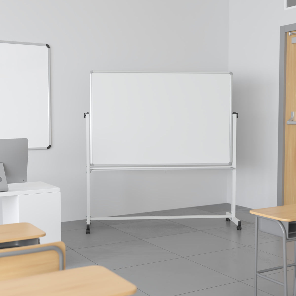 64.25"W x 64.75"H |#| 64.25"W x 64.75"H Double-Sided Mobile White Board with Shelf - Flip Over Board