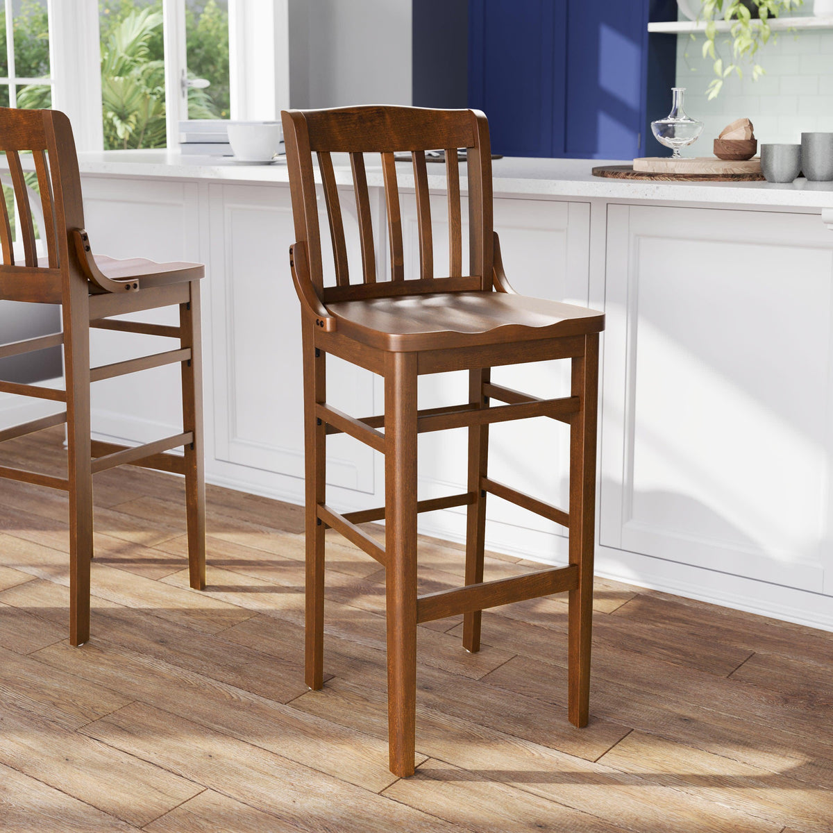 Walnut |#| School House Back Walnut Wood Restaurant Barstool with Footrest