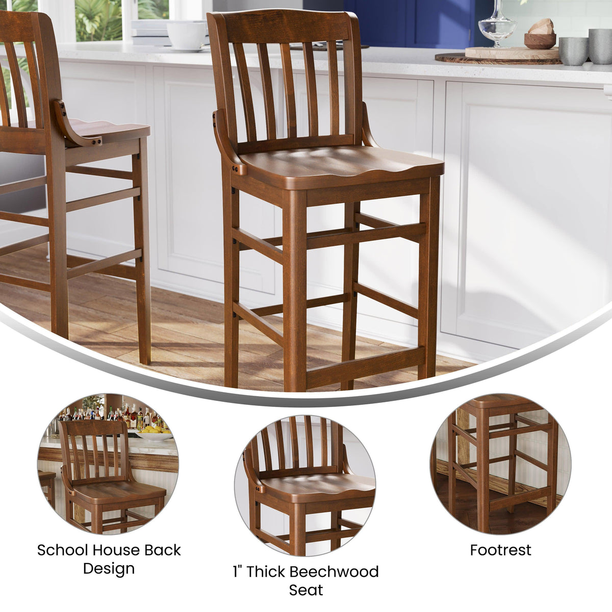 Walnut |#| School House Back Walnut Wood Restaurant Barstool with Footrest