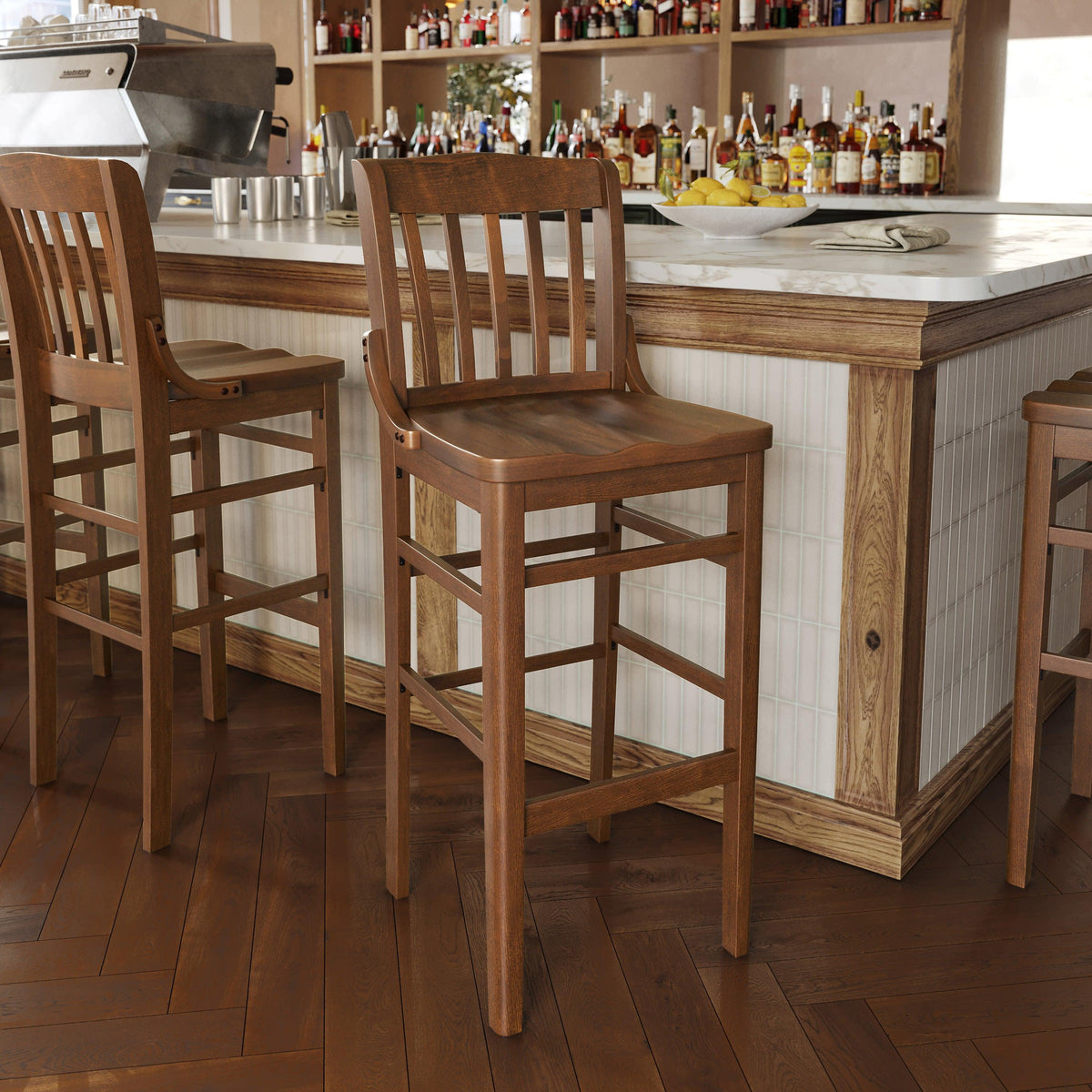 Walnut |#| School House Back Walnut Wood Restaurant Barstool with Footrest