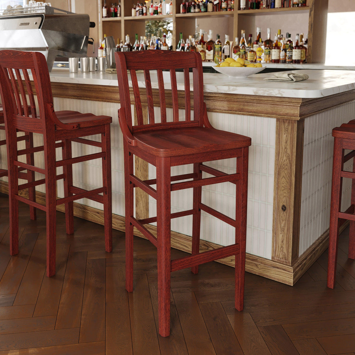 Mahogany |#| School House Back Mahogany Wood Restaurant Barstool with Footrest