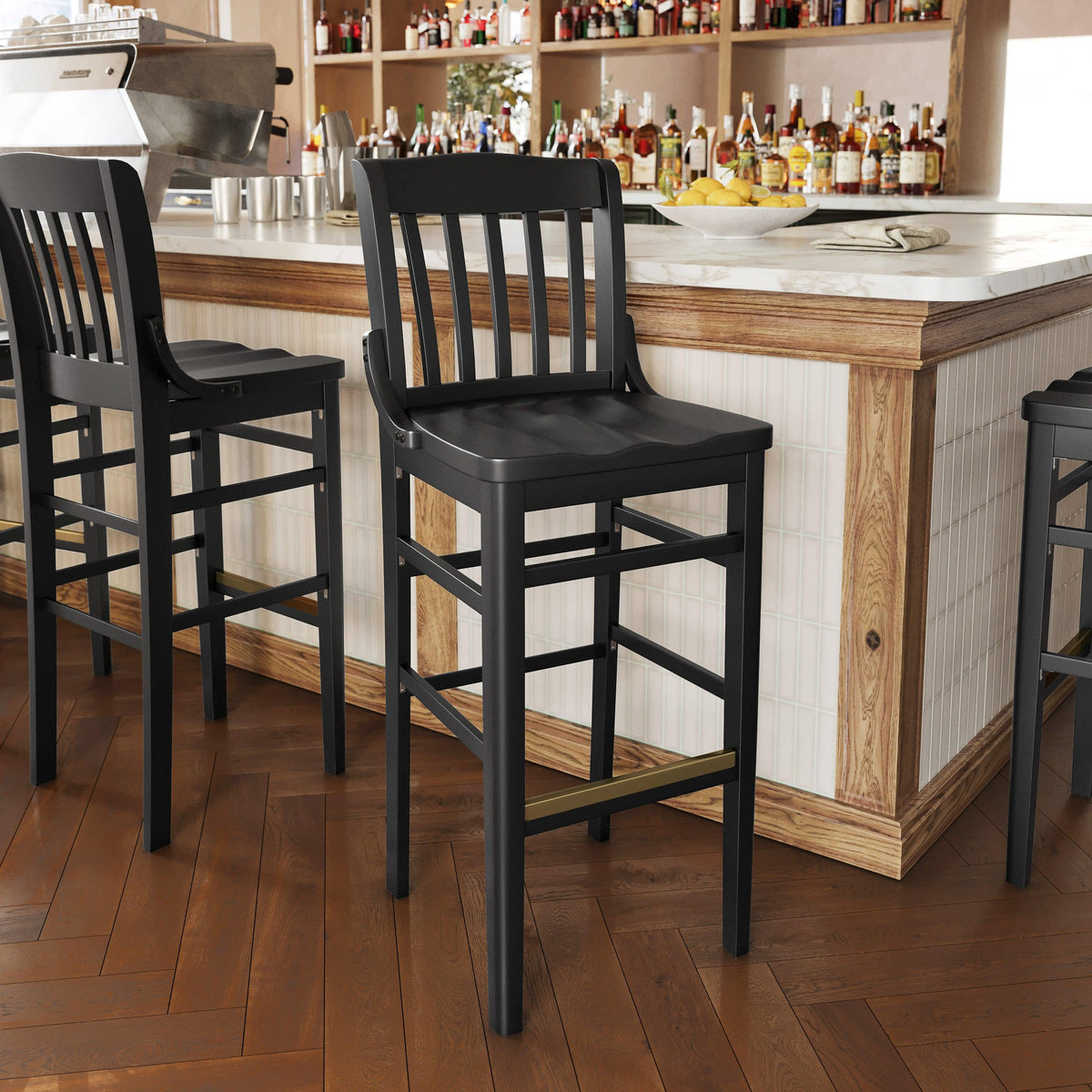 Black |#| School House Back Black Wood Restaurant Barstool with Footrest