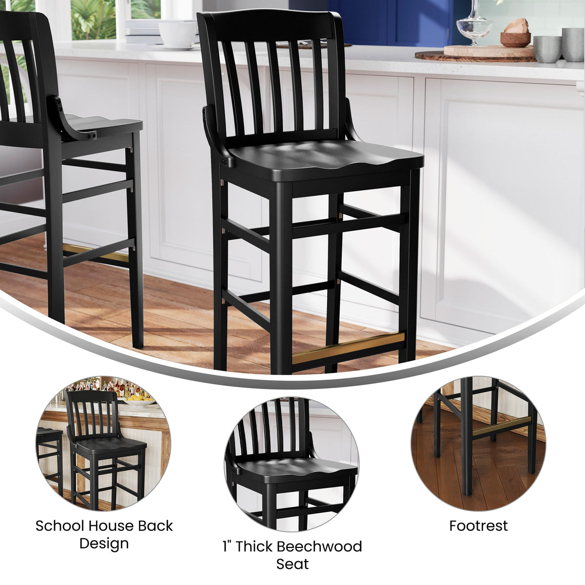 Black |#| School House Back Black Wood Restaurant Barstool with Footrest