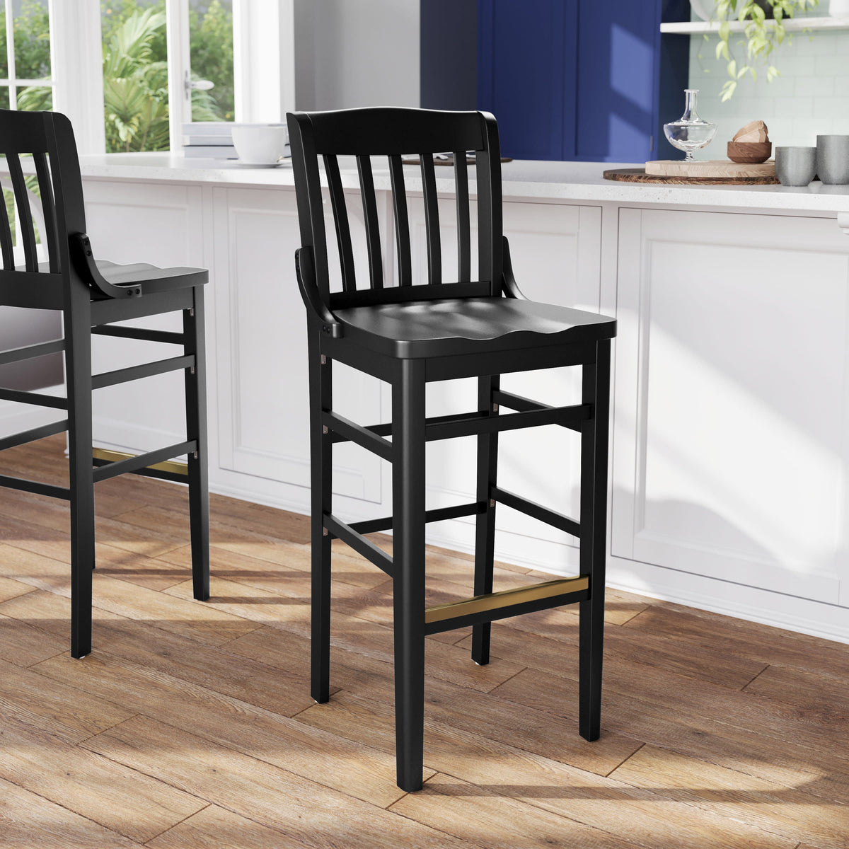 Black |#| School House Back Black Wood Restaurant Barstool with Footrest