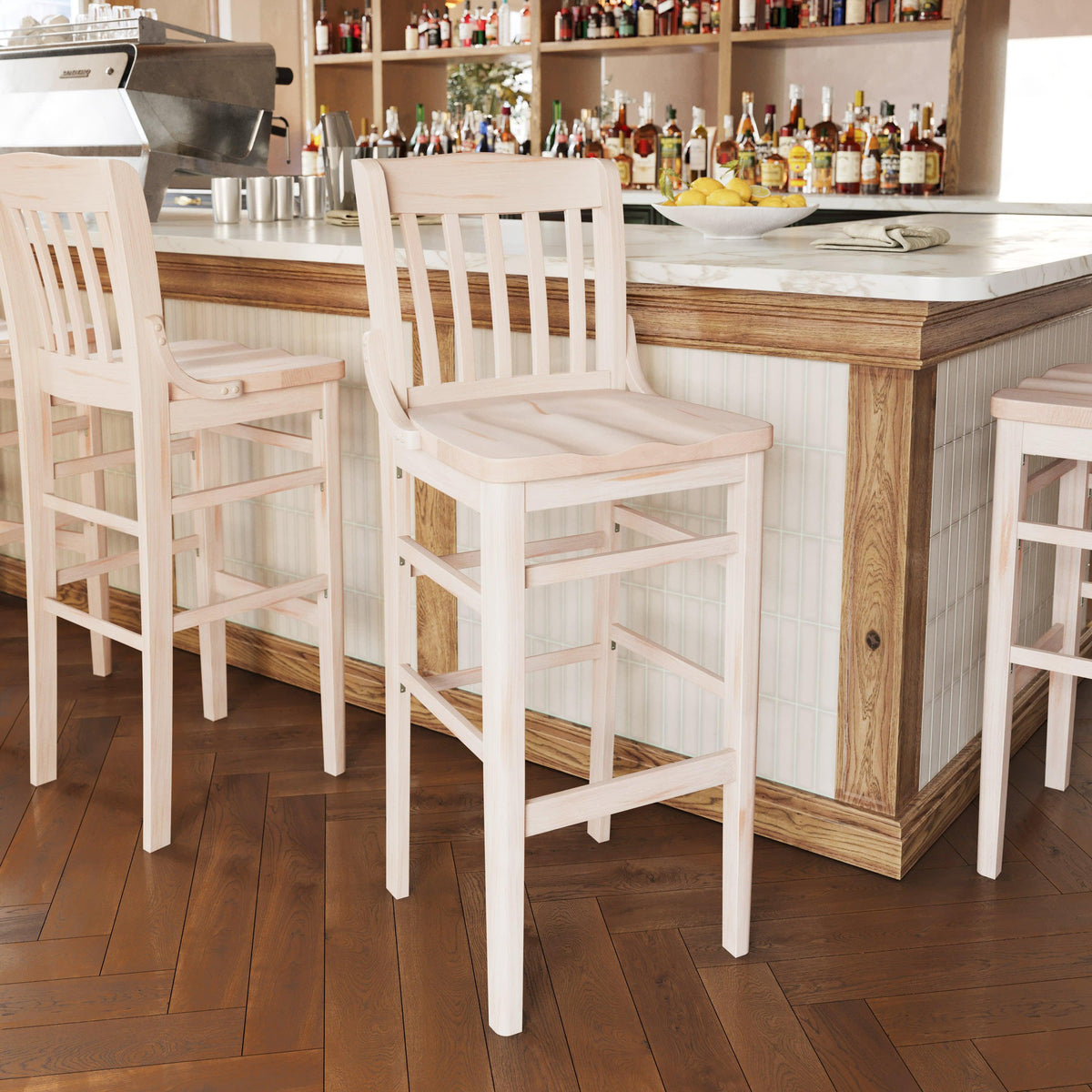 Antique White |#| School House Back Antique White Wood Restaurant Barstool with Footrest