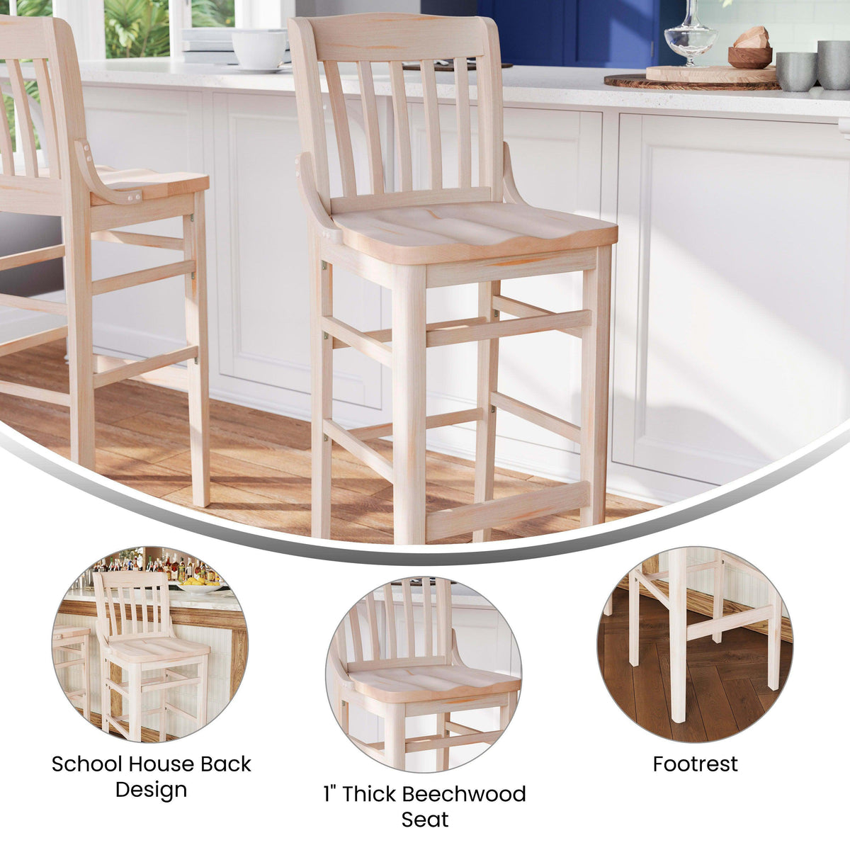 Antique White |#| School House Back Antique White Wood Restaurant Barstool with Footrest