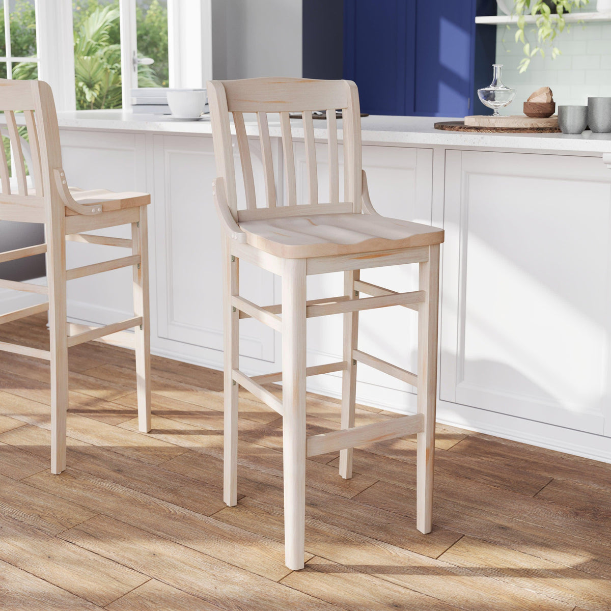 Antique White |#| School House Back Antique White Wood Restaurant Barstool with Footrest