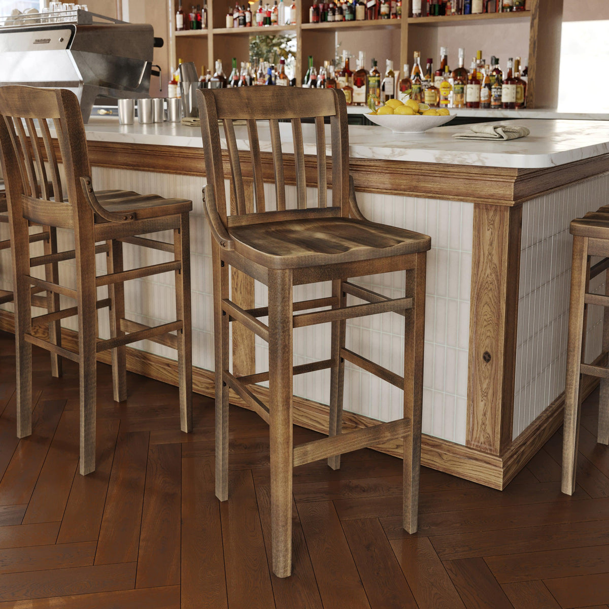 Antique Copper |#| School House Back Antique Copper Wood Restaurant Barstool with Footrest