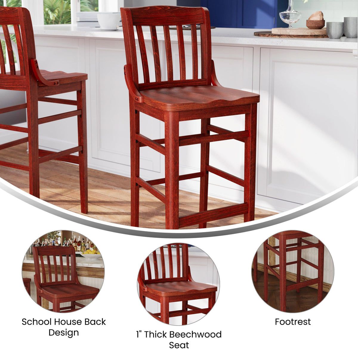 Mahogany |#| School House Back Mahogany Wood Restaurant Barstool with Footrest