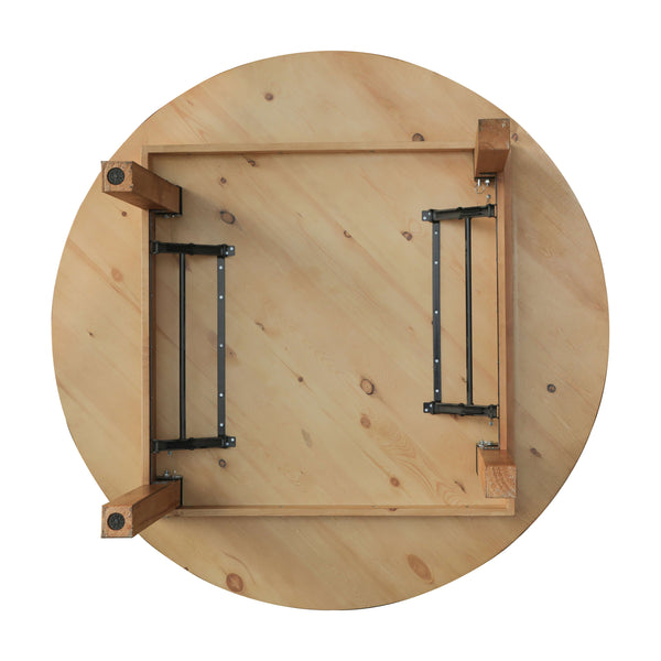 Light Natural |#| 60" Round Antique Rustic Solid Pine Farmhouse Folding Table in Light Natural