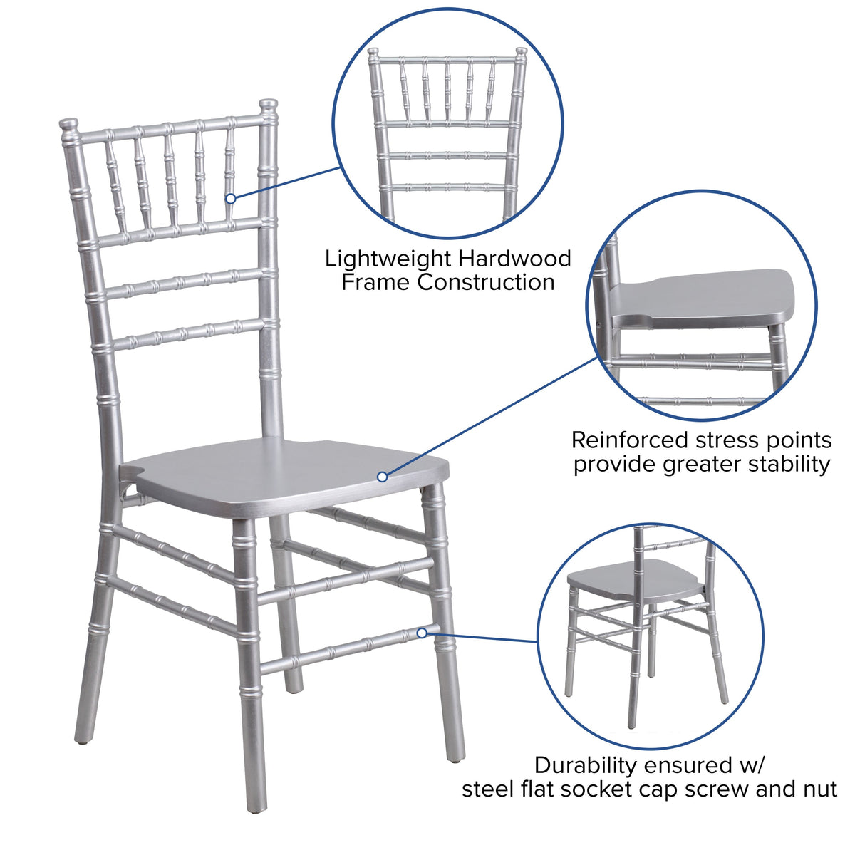 Silver |#| 1100lb. Capacity Silver Wood Stackable Chiavari Event Chair