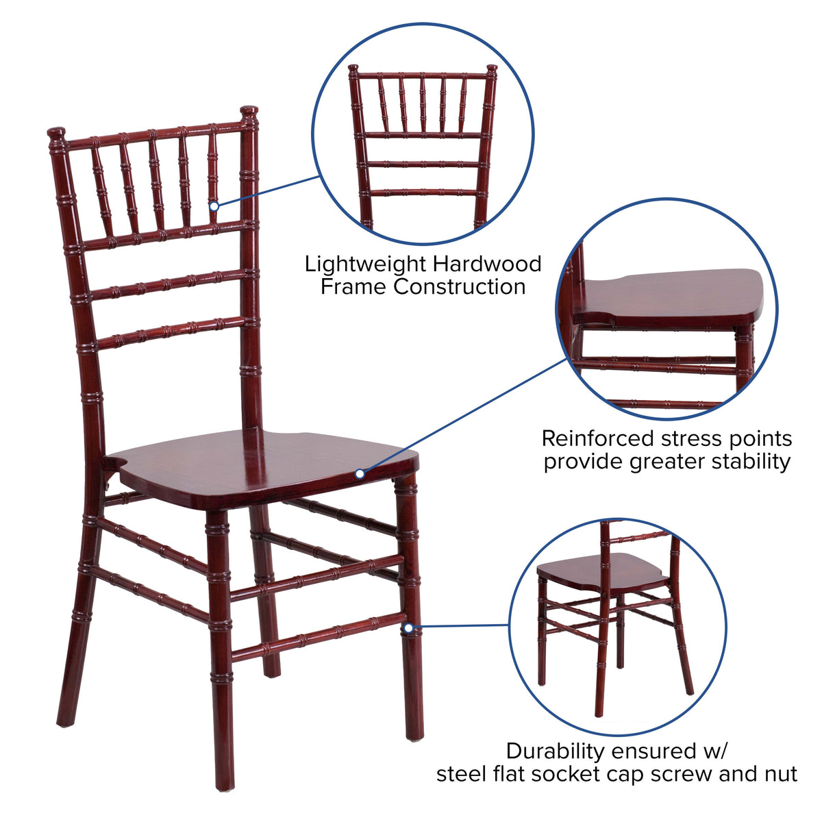 Mahogany |#| 1100lb. Capacity Mahogany Wood Stackable Chiavari Event Chair