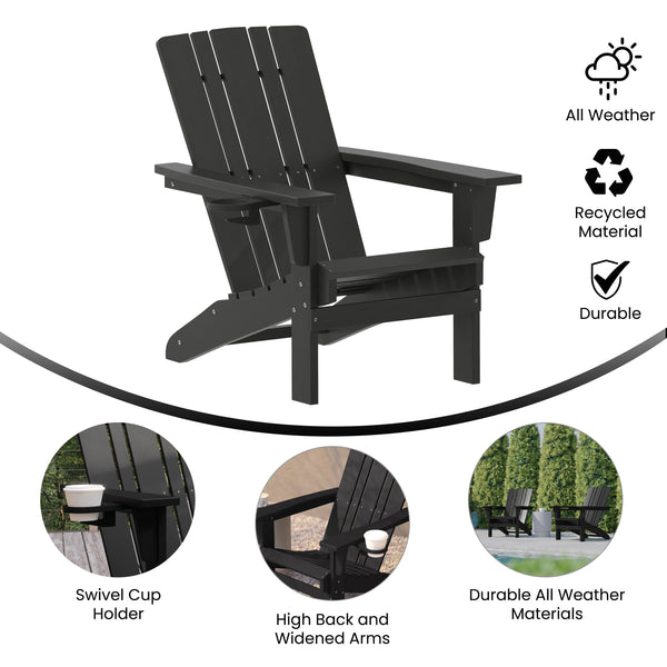 Black |#| Commercial Grade All-Weather Adirondack Chair with Swiveling Cupholder - Black